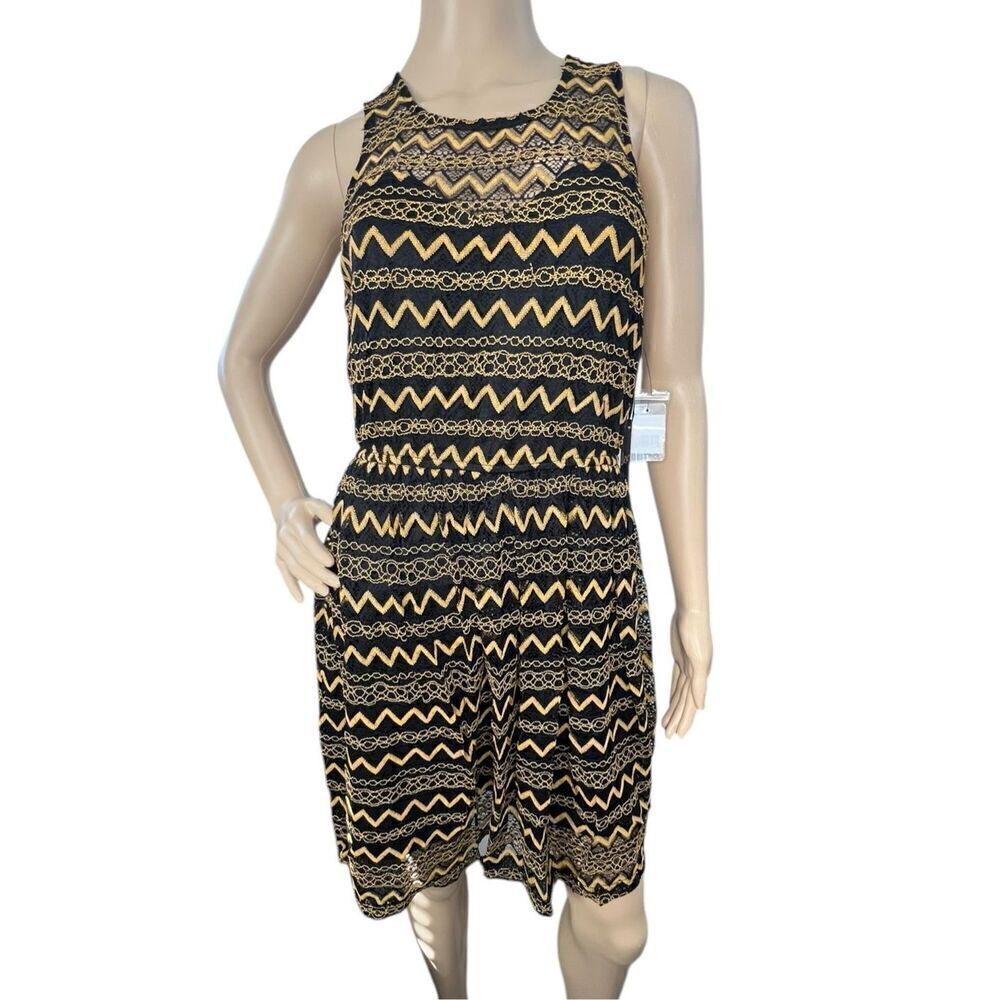 NWT Dex Black and Gold Mini Tank Style Chevron Patterned Dress